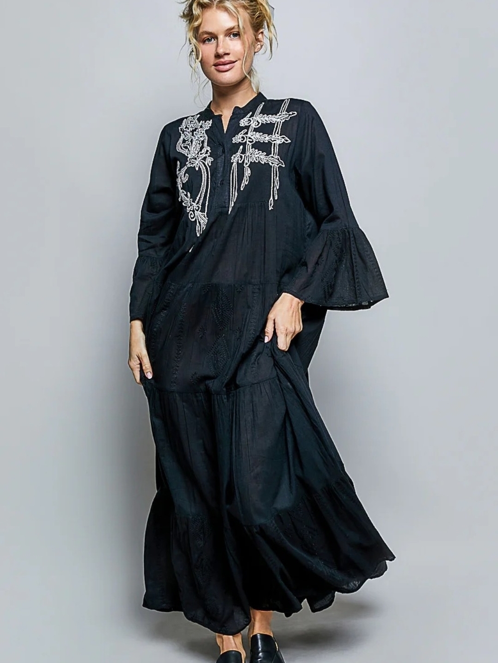 NEW!! POL Black Embroidered Long-Sleeve Maxi Dress, NWT